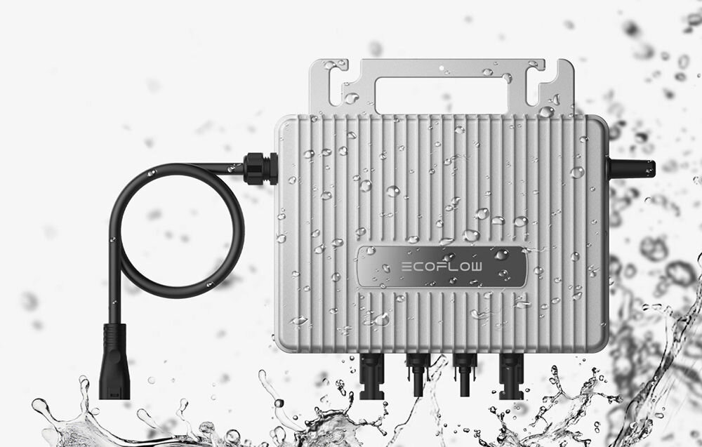 Fotowoltaika balkonowa ECOFLOW Mini Flex, Mikroinwerter, zakres, temperatura, warunki, atmosferyczne, na szarym tle wizualizacja wodoodporności Mikroinwertera