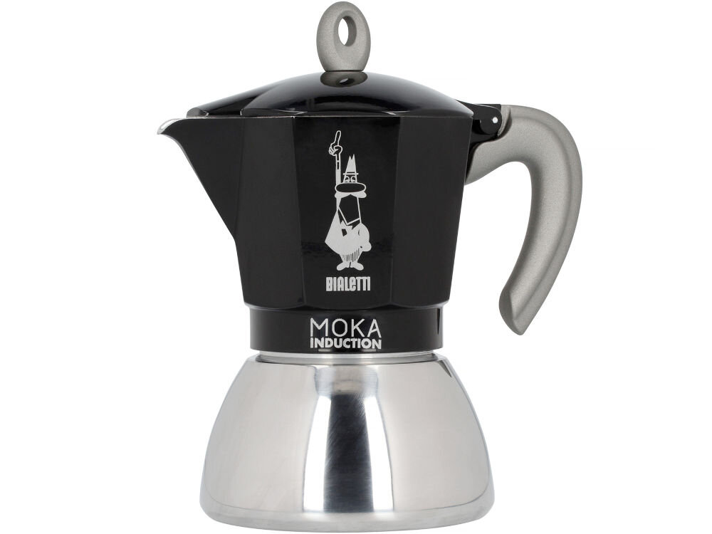 Czarna kawiarka z metaliczną podstawą i srebrnym uchwytem. Na górnej części widoczne jest logo Bialetti oraz napis \'MOKA INDUCTION\'.