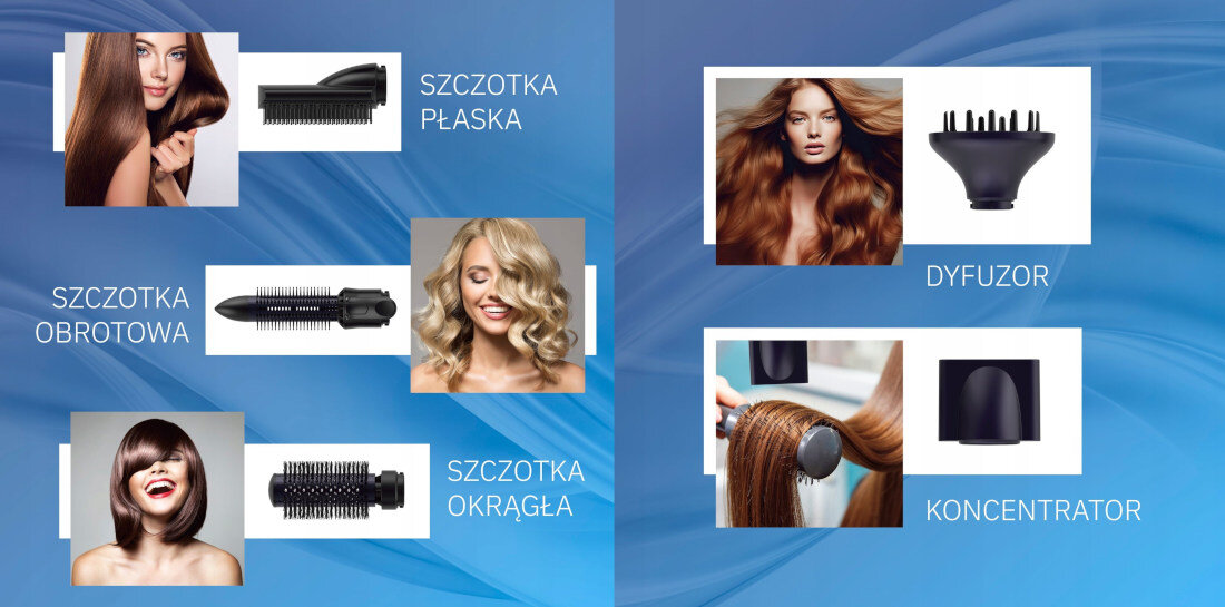 Suszarko-lokówka WEBBER HD-1298 5w1 Celia 45 mm 1000 W pielęgnacja włosów stylizacje pięć końcówek potrzeby szczotka okrągła dyfuzor koncentrator szczotka płaska szczotka obrotowa suszenie prostowanie modelowanie