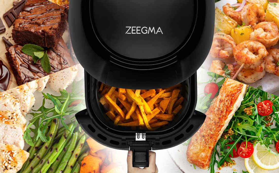 Frytkownica beztłuszczowa ZEEGMA Knapper Grand Air Fryer 9 programów gotowania kontrola posiłki 8 automatycznych trybów funkcja podgrzewania frytki kurczak krewetki ciasto stek ryba żeberka temperatura tryb manualny czas