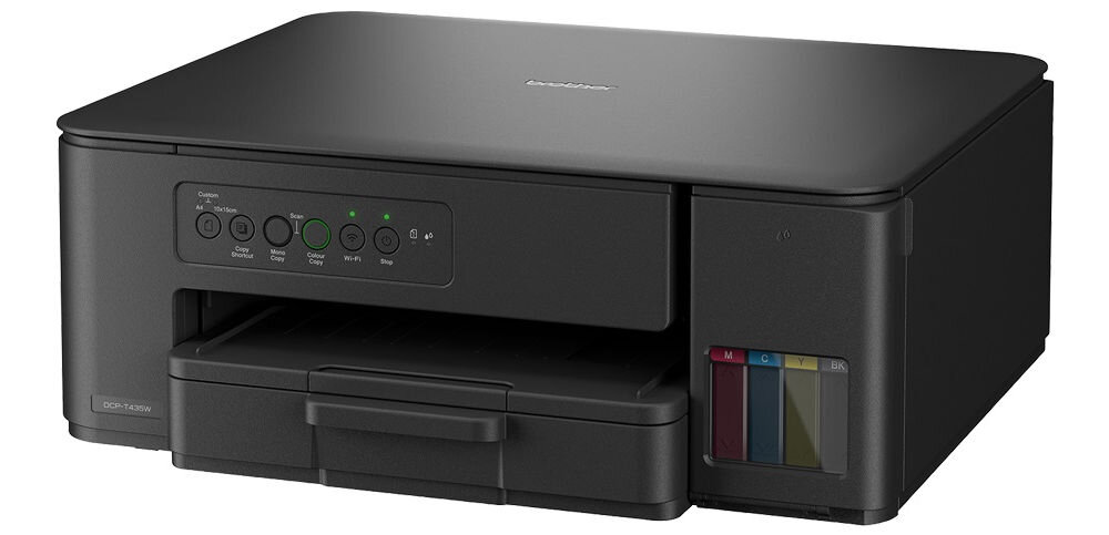 Urządzenie wielofunkcyjne BROTHER DCPT435WYJ1 Druk w kolorze, Wi-Fi prezentacja urządzenia na białym tle od przodu pod kątem Obsługa papieru od 64 do 300 g/m² w różnych zastosowaniach elastyczność