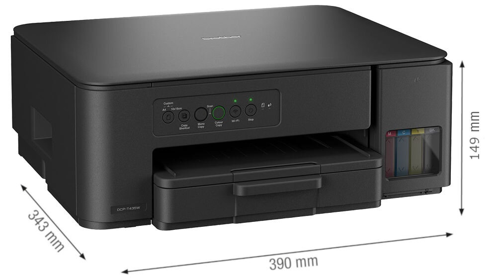 Urządzenie wielofunkcyjne BROTHER DCPT435WYJ1 Druk w kolorze, Wi-Fi prezentacja urządzenia na białym tle pod kątem z wymiarami wymiary 390 x 343 x 149 mm swoboda organizacji