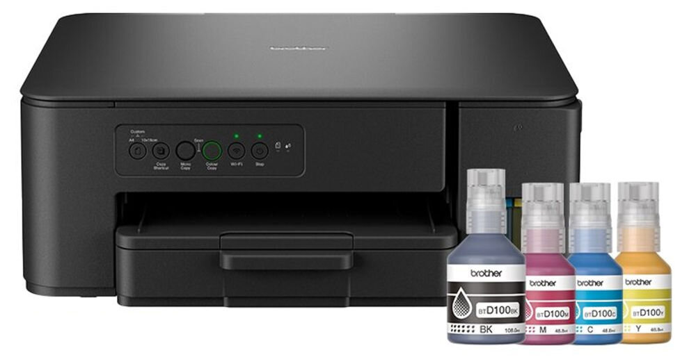 Urządzenie wielofunkcyjne BROTHER DCPT435WYJ1 Druk w kolorze, Wi-Fi prezentacja drukarki i butelek z atramentem na białym tle pełne butelki w zestawie