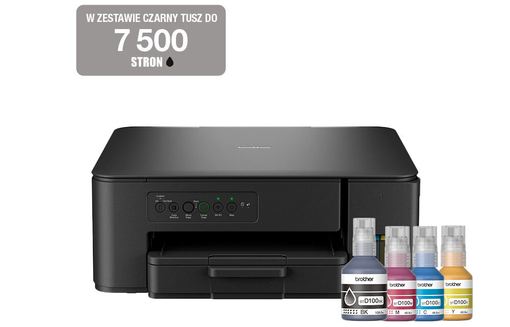 Urządzenie wielofunkcyjne BROTHER DCPT435WYJ1 Druk w kolorze, Wi-Fi prezentacja urządzenia od przodu na białym tle z butelkami z atramentem napis w szarym prostokącie w zestawie czarny tusz do 7500 stron wydajność atramentu wydłużenie czasu pracy brak potrzeby martwienia się o częste przerwy