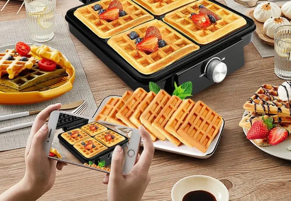 Gofrownica EXTRALINK EX.29829 Czarny 4 gofry w tym samym czasie, oszczędność czasu i energii, wieksza porcja za jednym razem