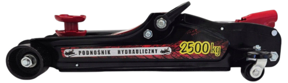 Podnośnik hydrauliczny EXTRALINK 29614 2500 kg, niski, profil, auto, zawieszenie, Czarny niskoprofilowy podnośnik hydrauliczny żabka o udźwigu 2500 kg, widok z boku.