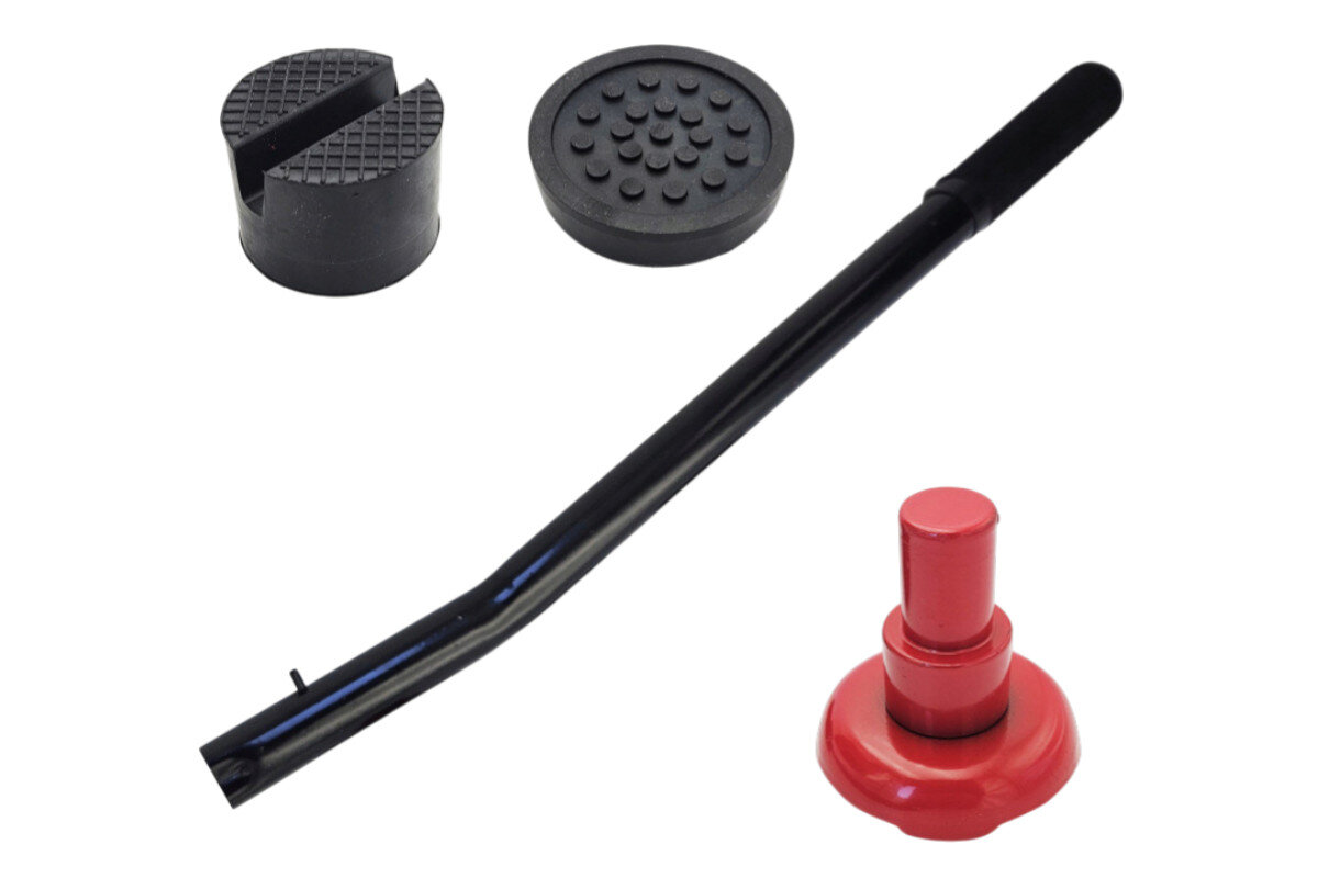 Podnośnik hydrauliczny EXTRALINK 29614 2500 kg, guma, ochrona, metal, akcesoria, Akcesoria do podnośnika: długa rączka, dwie gumowe nakładki i metalowa przedłużka.