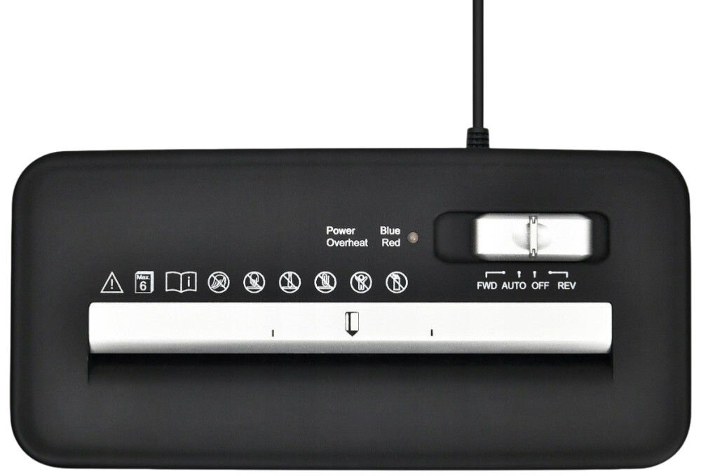 Niszczarka EXTRALINK EX.29836, cofanie, zacięcia, czyszczenie, wygoda, na białym tle zdjęcie od góry niszczarki i całego panelu obsługi