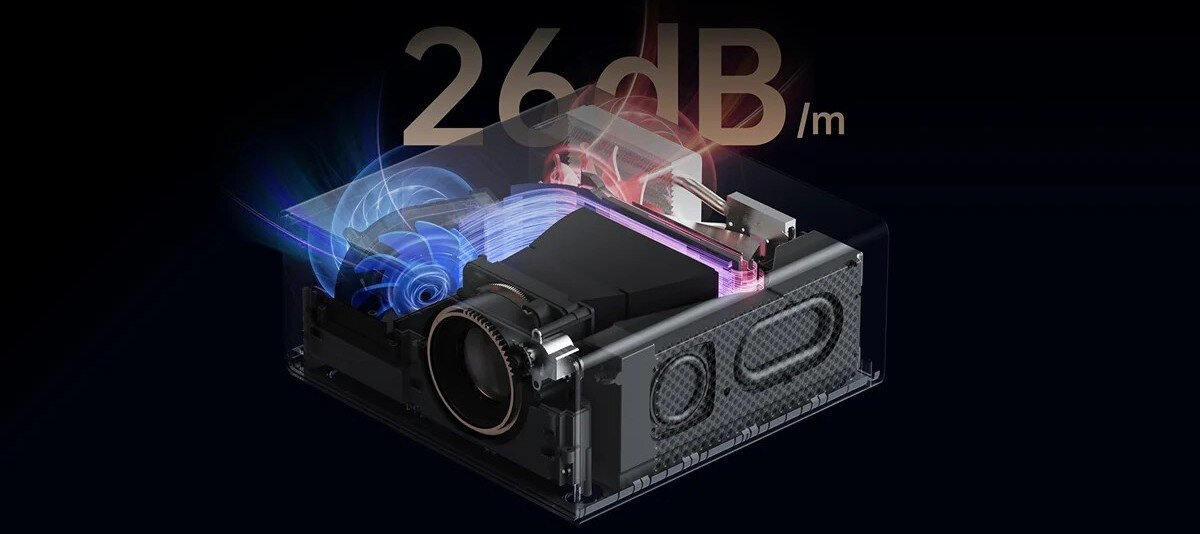 Projektor WANBO X5 Pro New cicha praca 26 dB system chłodzenia, przekrój projektora na czarnym tle