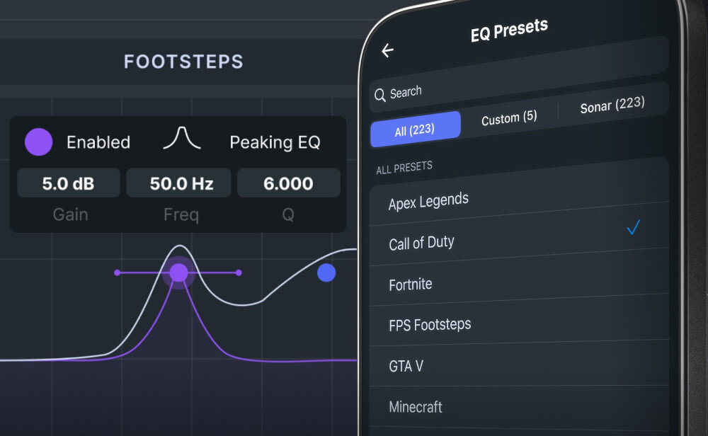 Słuchawki STEELSERIES Arctis Nova 7P Gen 2 kontrola dźwięku ustawienia wstępne PC PlayStation Switch, smartfon po skosie z otworzoną aplikacją mobilną