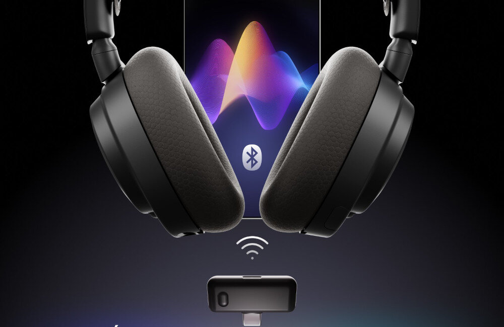 Słuchawki STEELSERIES Arctis Nova 7X Gen 2 łączność 2,4 GHz Bluetooth miksowanie dźwięku, słuchawki nauszne od frontu na ciemnym tle, adapter, logo wi-fi oraz Bluetooth