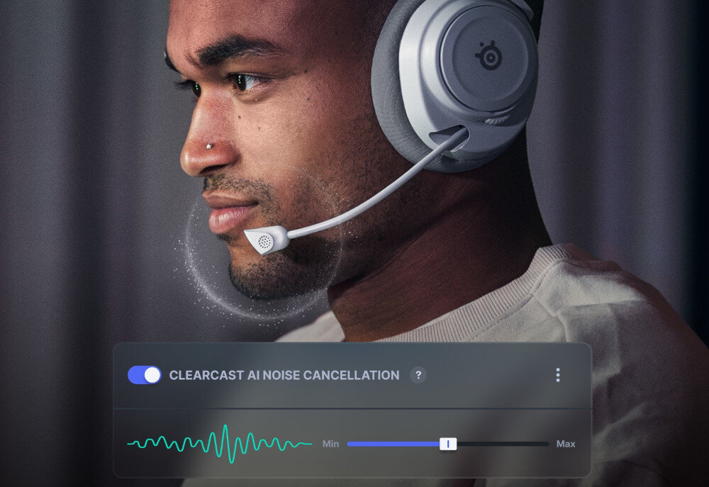 Słuchawki STEELSERIES Arctis Nova 7X Gen 2 mikrofon z redukcją szumów AI czysty głos, osoba z założonymi słuchawkami nausznymi 