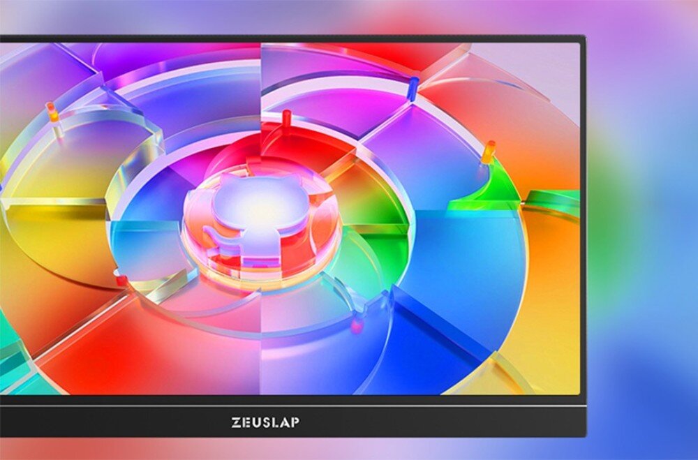 Monitor ZEUSLAP ZP156K Monitor z kolorową grafiką w postaci okrągłej, wielobarwnej kompozycji geometrycznej, ergonomia, głośniki, dźwięk, audio