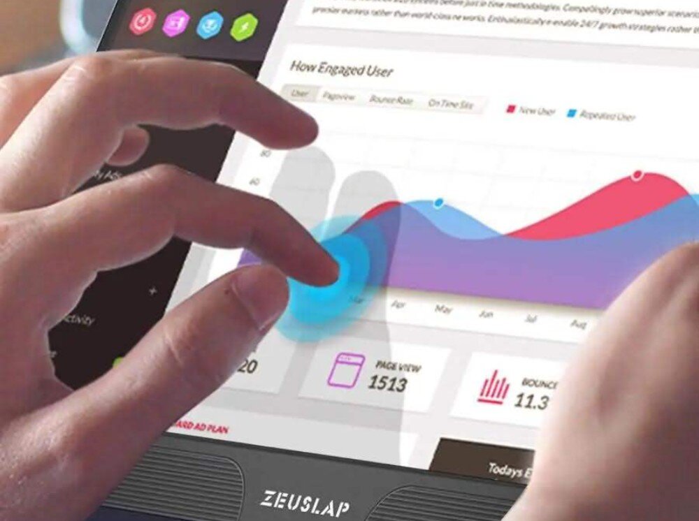 Monitor ZEUSLAP Z15ST Zbliżenie dłoni dotykającej wykresu na ekranie przenośnego monitora, ekran dotykowy, obsługa