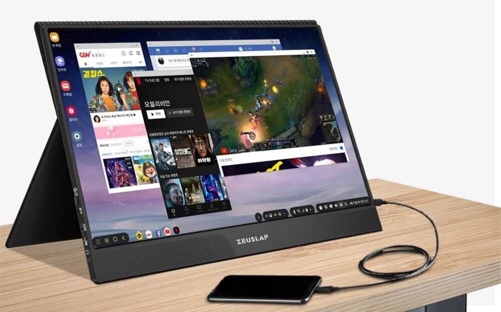 Monitor ZEUSLAP Z15ST Przenośny monitor ustawiony na biurku podłączony do telefonu wyświetlający jednocześnie kilka aplikacji i film, konstrukcja, podpórka, regulacja nachylenia