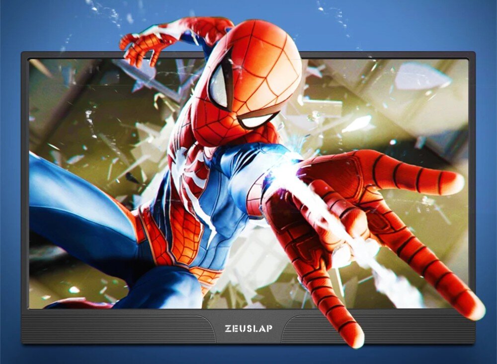 Monitor ZEUSLAP Z15ST Zbliżenie ekranu przenośnego monitora z grafiką przedstawiającą postać Spidermana wychodzącego z obrazu, głośniki, dźwięk, wyjście słuchawkowe