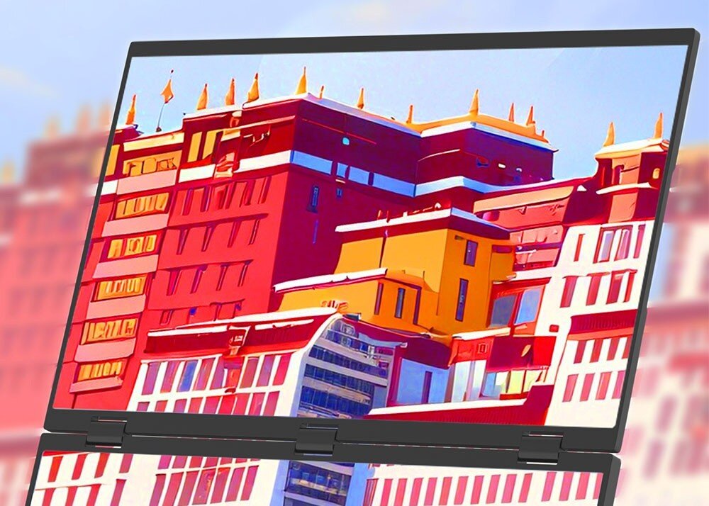 Monitor ZEUSLAP Z18W Zbliżenie na ekran wyświetlający kolorowy obraz budynku w odcieniach czerwieni i żółci, rozdzielczość, jakość obrazu, kontrast
