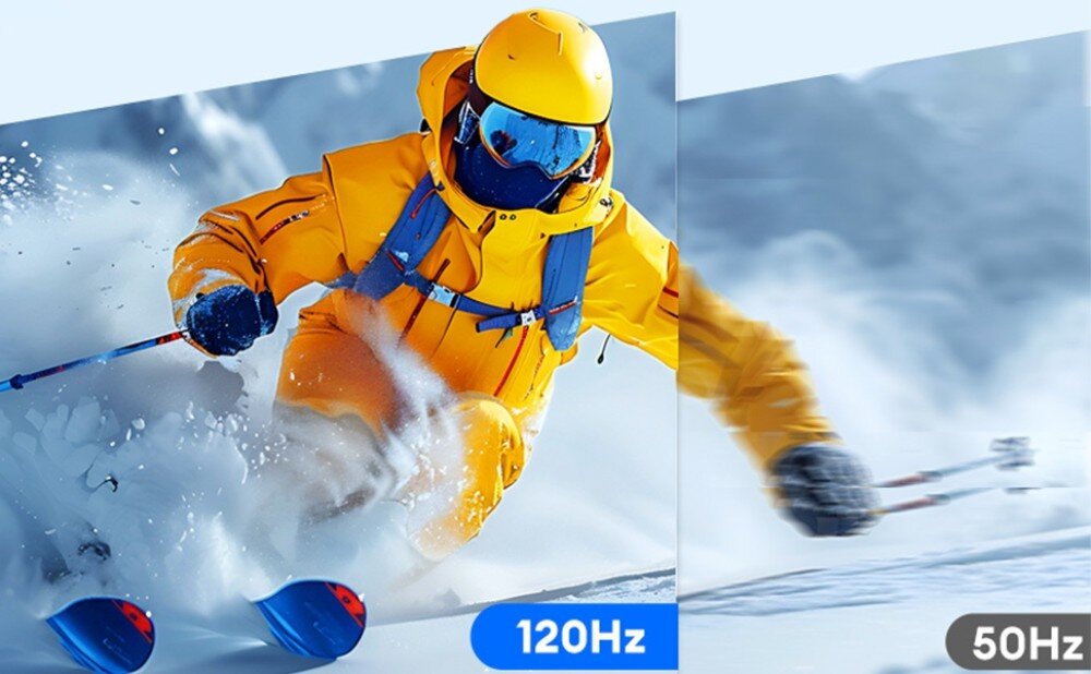 Monitor ZEUSLAP Z18W Porównanie obrazu narciarza w żółtym stroju jadącego po śniegu, z lewej strony w jakości 120Hz, z prawej w 50Hz, odświeżanie, płynność, matowa powłoka ekranu