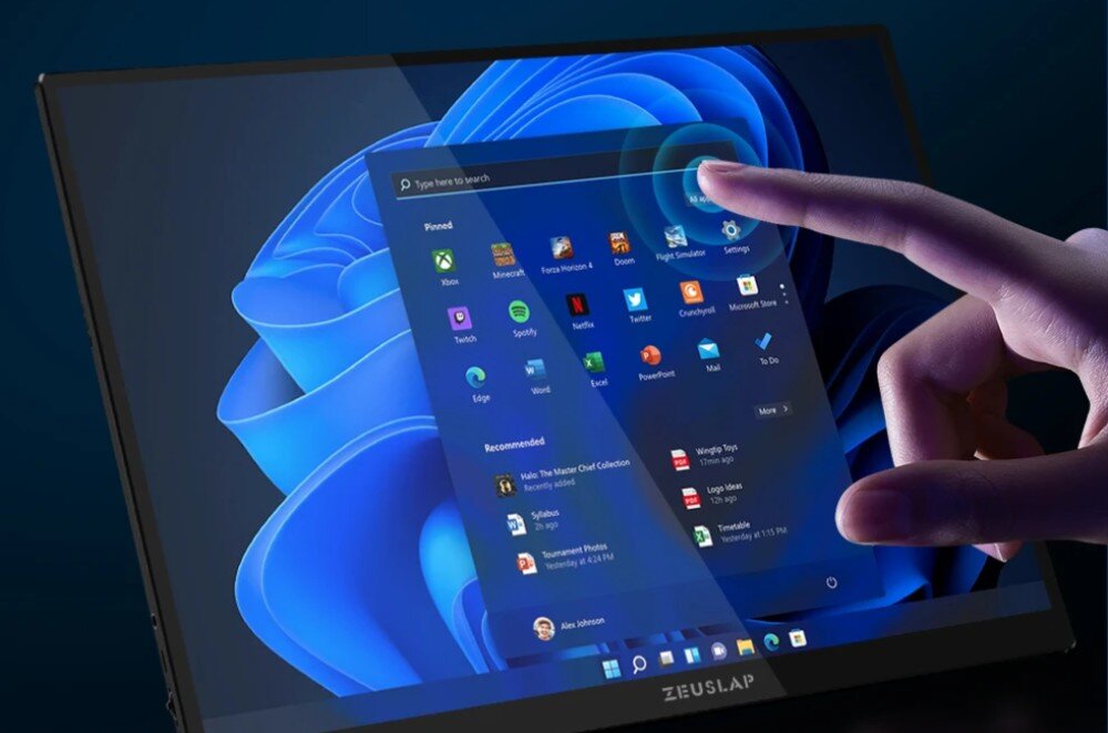 Monitor ZEUSLAP P16KT Ekran dotykowy z systemem operacyjnym, palec wskazujący dotykający ikon na pulpicie, porty, podłączenie, ekran dotykowy