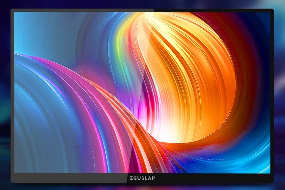 Monitor ZEUSLAP P16KT Monitor przenośny wyświetlający kolorowe gradientowe kształty w odcieniach pomarańczowego, różowego i niebieskiego, parametry, jakość obrazu, jasność, kolory