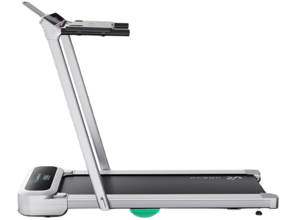 Bieżnia elektryczna UREVO Foldmix 5 Pro 1864W 13.4 km-h bieżnia na białym tle widoczna z boku maksymalna waga użytkownika do 120 kg osoby o różnych gabarytach i poziomie kondycji konstrukcja o wadze 32 kg stabilna podczas biegu bezpieczeństwo pewność ruchu