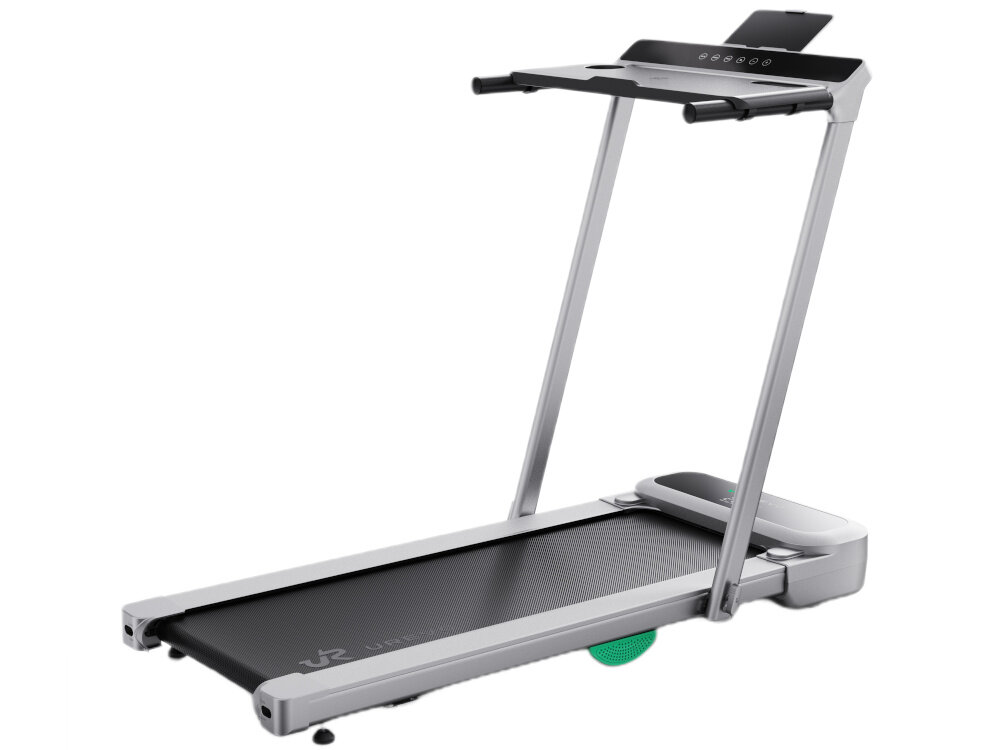 Bieżnia elektryczna UREVO Foldmix 5 Pro 1864W 13.4 km-h bieżnia na białym tle widoczna od tyłu pod skosem szeroko zakrojone testy w laboratorium UREVO cicha praca na poziomie do 45 dB nie zakłóca spokoju domowników ani sąsiadów cicha praca sprzyja skupieniu lepsza efektywność treningu większy komfort