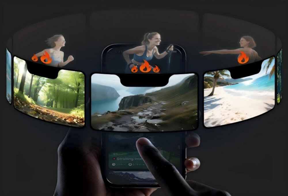 Bieżnia elektryczna UREVO Foldmix 5 Pro 1864W 13.4 km-h ciemne tło osoba trzyma telefon w dłoni trzy ujęcia ćwiczącej osoby aplikacja SmartCoach wirtualne trasy różnorodne programy treningowe MIIT średnia intensywność HIIT wysoka intensywność LIIT niska intensywność pozwala uczestniczyć w globalnych rankingach trybie Challenge