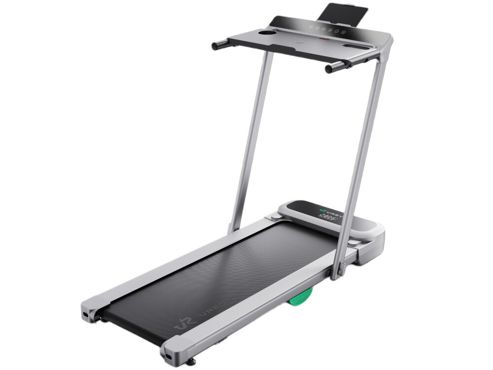 Bieżnia elektryczna UREVO Foldmix 5 Pro 1864W 13.4 km-h bieżnia na białym tle widoczna od tyłu pod skosem przedni bezramkowy ekran prędkość pokonany dystans spalane kalorie podstawa na tablet lub telefon pilot z wyświetlaczem do śledzenia parametrów w czasie rzeczywistym funkcja wyciszenia jednym przyciskiem dwoma bateriami AAA