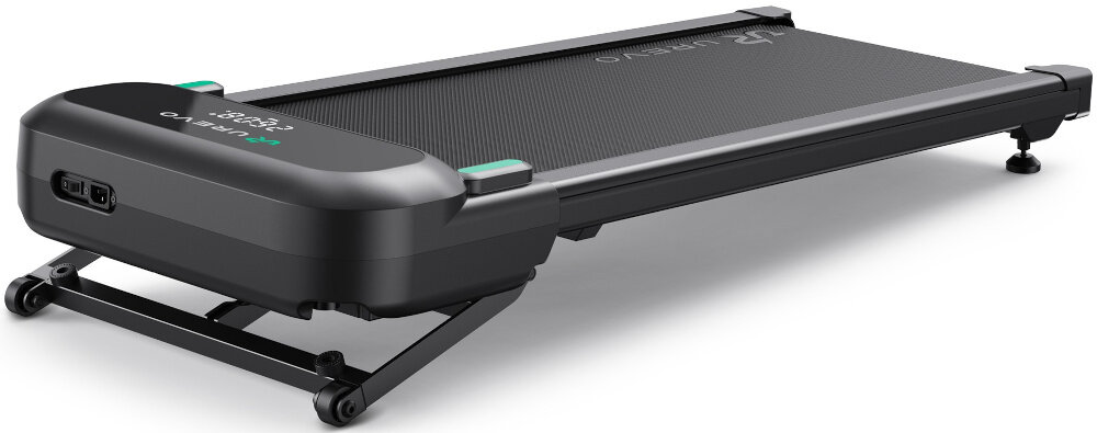 Bieżnia elektryczna UREVO Spacewalk 5L 600W 6 km-h bieżnia na białym tle widoczna od przodu pod skosem maksymalna waga użytkownika do 136 kg dla osoby o różnych gabarytach i poziomie kondycji do codziennego użytku domowego system amortyzacji intuicyjna obsługa komfort zmniejszają ryzyko urazów wspiera regularne dbanie o zdrowie