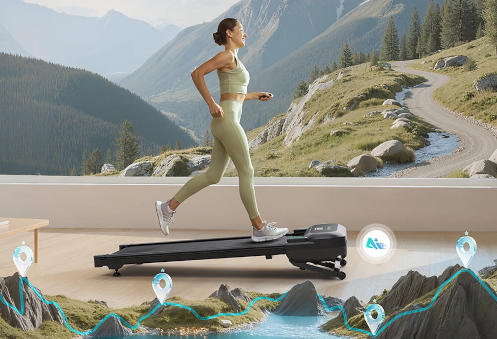 Bieżnia elektryczna UREVO Spacewalk 5L 600W 6 km-h wirtualne tło gór osoba trenuje na bieżni bieżnia stoi na podłodze zakres prędkości 1–6 km/h dopasowanie tempa treningu do własnych możliwości intuicyjna regulacja stopniowe rozwijanie wytrzymałości wysokość pasa bieżnego można regulować w zakresie 0–9% regulacja tempa i nachylenia wspiera stopniowe budowanie formy zmniejsza ryzyko przeciążenia