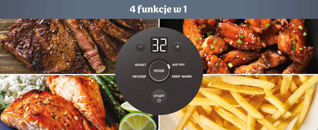 Air Fryer Frytkownica beztłuszczowa NINJA FN101EUGY Crispi 1700W Cztery funkcje w jednym zastępuje kilka sprzętów smażenie beztłuszczowe, pieczenie, podgrzewanie i przywracanie chrupkości różnorodne dania od domowych frytek, przez zapiekanki, po odświeżanie resztek