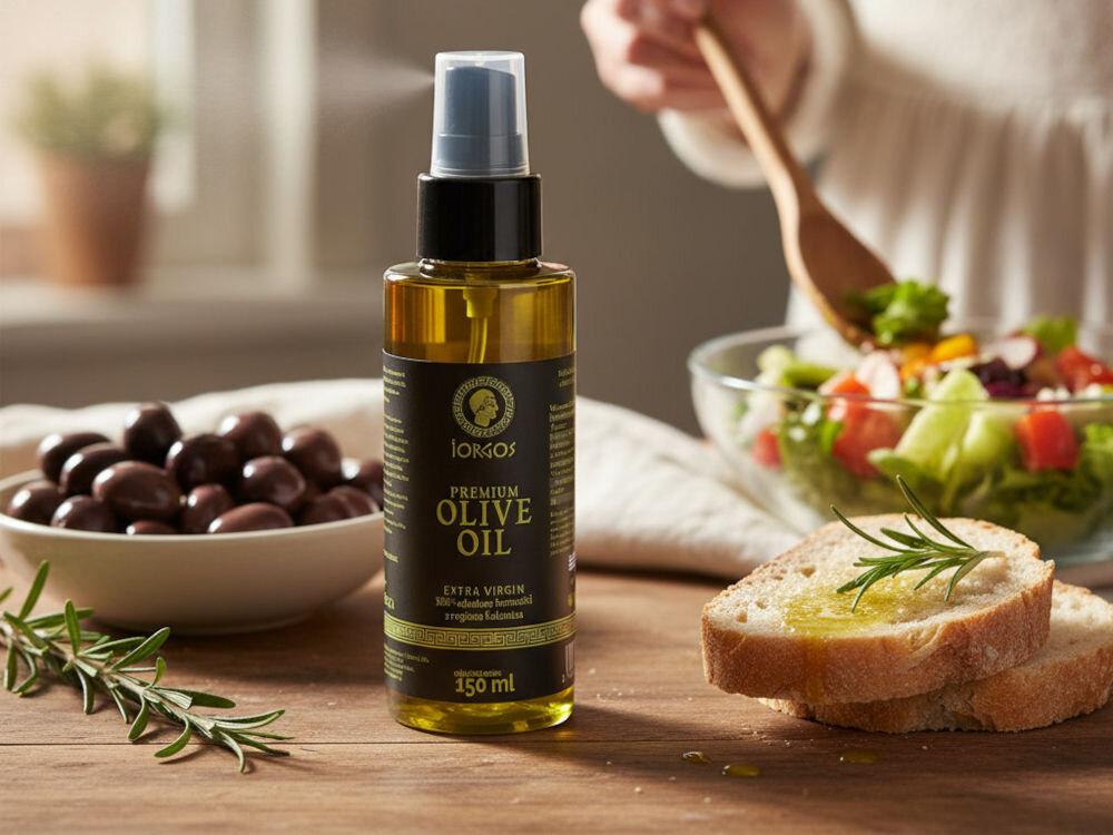 Oliwa z oliwek IORGOS Extra virgin z Kalamaty 150 ml Butelka oliwy z oliwek w sprayu marki Iorgos stoi na drewnianym stole obok kawałków pieczywa skropionych oliwą i udekorowanych gałązką rozmarynu. W tle widać miskę z ciemnymi oliwkami i rozmazany obraz osoby mieszającej sałatkę w dużej misce.