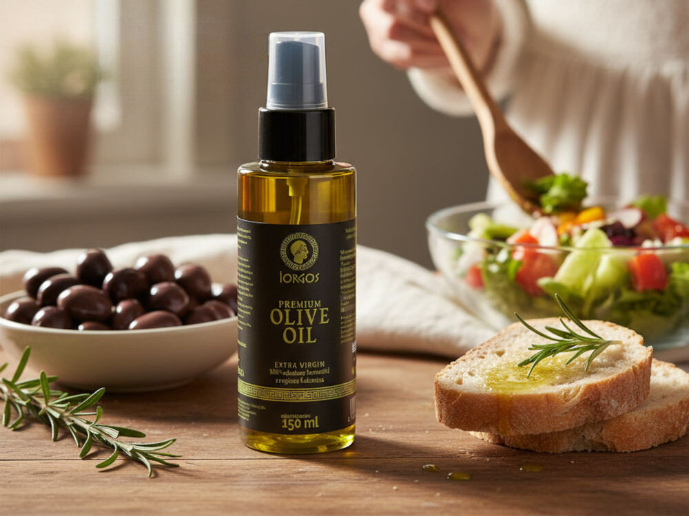 Oliwa z oliwek IORGOS Extra virgin z Kalamaty 150 ml Butelka oliwy z oliwek w sprayu marki Iorgos stoi na drewnianym stole obok kawałków pieczywa skropionych oliwą i udekorowanych gałązką rozmarynu. W tle widać miskę z ciemnymi oliwkami i rozmazany obraz osoby mieszającej sałatkę w dużej misce.