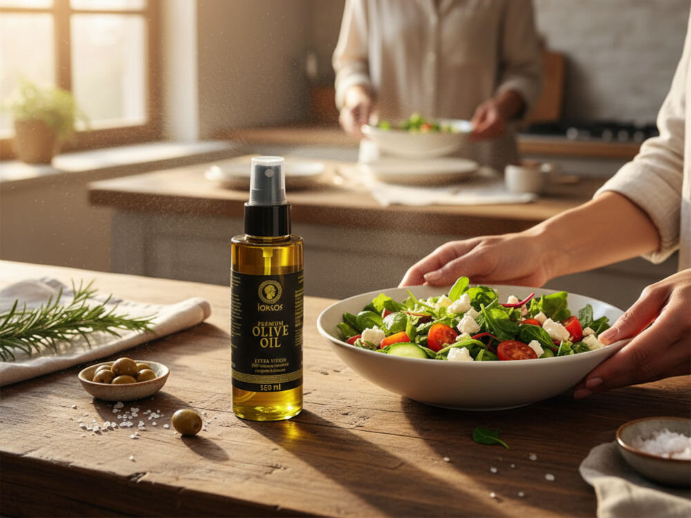 Oliwa z oliwek IORGOS Extra virgin z Kalamaty 150 ml Bliski kadr na butelkę oliwy z oliwek w sprayu marki Iorgos stojącą na drewnianym stole, obok której ręce trzymają miskę z sałatką (zielone liście, pomidorki, feta). W tle widać inną osobę, która również przygotowuje jedzenie przy kuchennej wyspie w jasnej kuchni.
