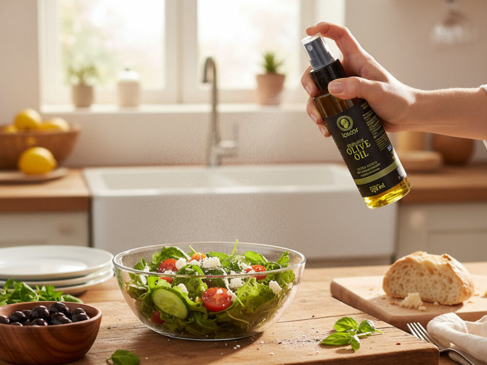 Oliwa z oliwek IORGOS Extra virgin z Kalamaty 150 ml Ręka spryskuje sałatkę w szklanej misce oliwą z oliwek w sprayu marki Iorgos. W misce znajduje się mieszanka zielonych liści, pomidorków koktajlowych, fety i ogórka. Tło to jasna kuchnia z białym zlewem i drewnianymi blatami, a obok miski leży kromka pieczywa.