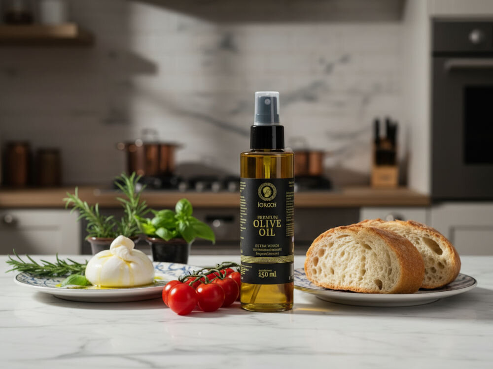 Oliwa z oliwek IORGOS Extra virgin z Kalamaty 150 ml Ręka spryskuje sałatkę w szklanej misce oliwą z oliwek w sprayu marki Iorgos. W misce znajduje się mieszanka zielonych liści, pomidorków koktajlowych, fety i ogórka. Tło to jasna kuchnia z białym zlewem i drewnianymi blatami, a obok miski leży kromka pieczywa.