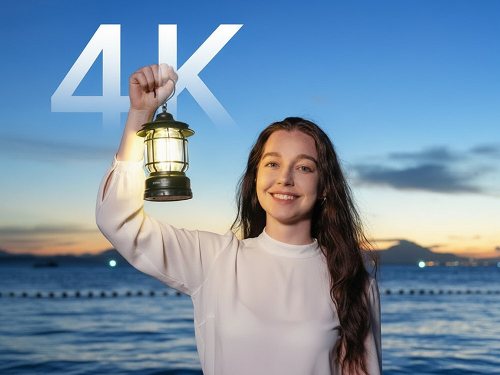 SJCAM C400 rozdzielczości 4K przy 30 kl./s przetwornik 16 MP obiektyw f/2.0 - kobieta z lampą w dłoni, w tle napis 4k