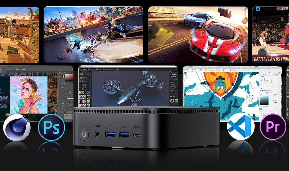 Komputer BLACKVIEW MP100 Pro Mały komputer widoczny od przodu z kilkoma portami, na tle ekranów przedstawiających gry, aplikacje graficzne i programy do edycji wideo, pamięć RAM, rozbudowa