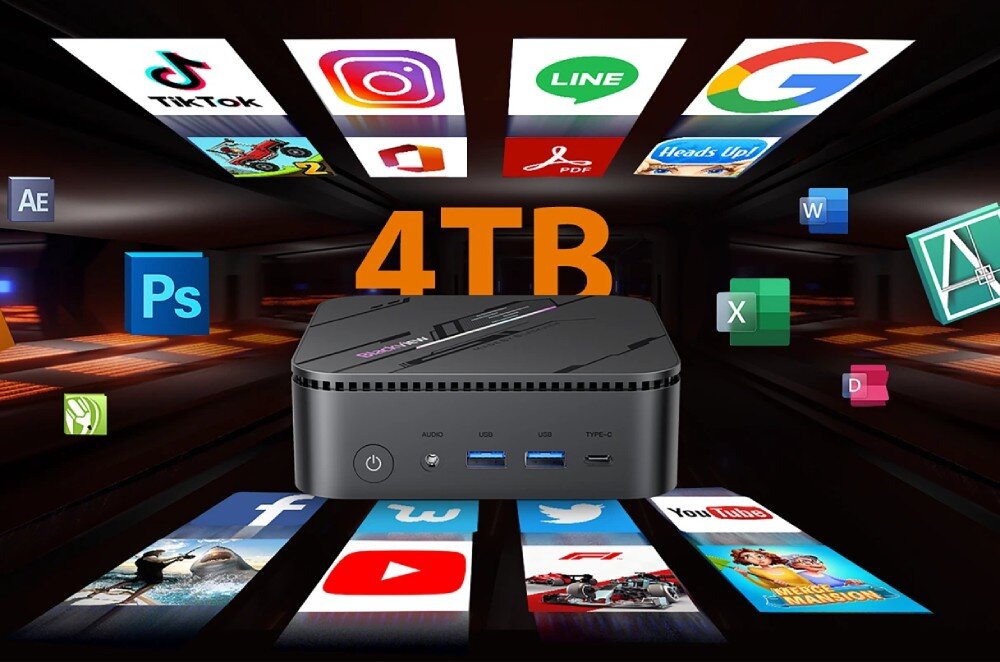 Komputer BLACKVIEW MP100 Pro Kompaktowy komputer z napisem '4TB' w centrum obrazu, wokół którego unoszą się ikony popularnych aplikacji takich jak YouTube, TikTok, Google i inne, dyski, pojemność, gniazda M.2