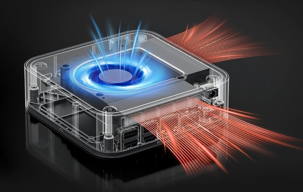 Komputer BLACKVIEW MP100 Pro Przezroczysty model urządzenia pokazujący system chłodzenia z niebieskim światłem w środku i czerwonymi strzałkami symbolizującymi przepływ powietrza, chłodzenie, głośność działania