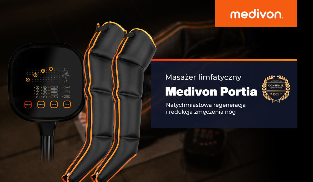 Obraz przedstawia masażer limfatyczny do nóg Medivon Portia z panelem sterowania i dwoma czarnymi mankietami z pomarańczowymi akcentami. Widoczny jest tekst: \'Masażer limfatyczny Medivon Portia Natychmiastowa regeneracja i redukcja zmęczenia nóg\'.
