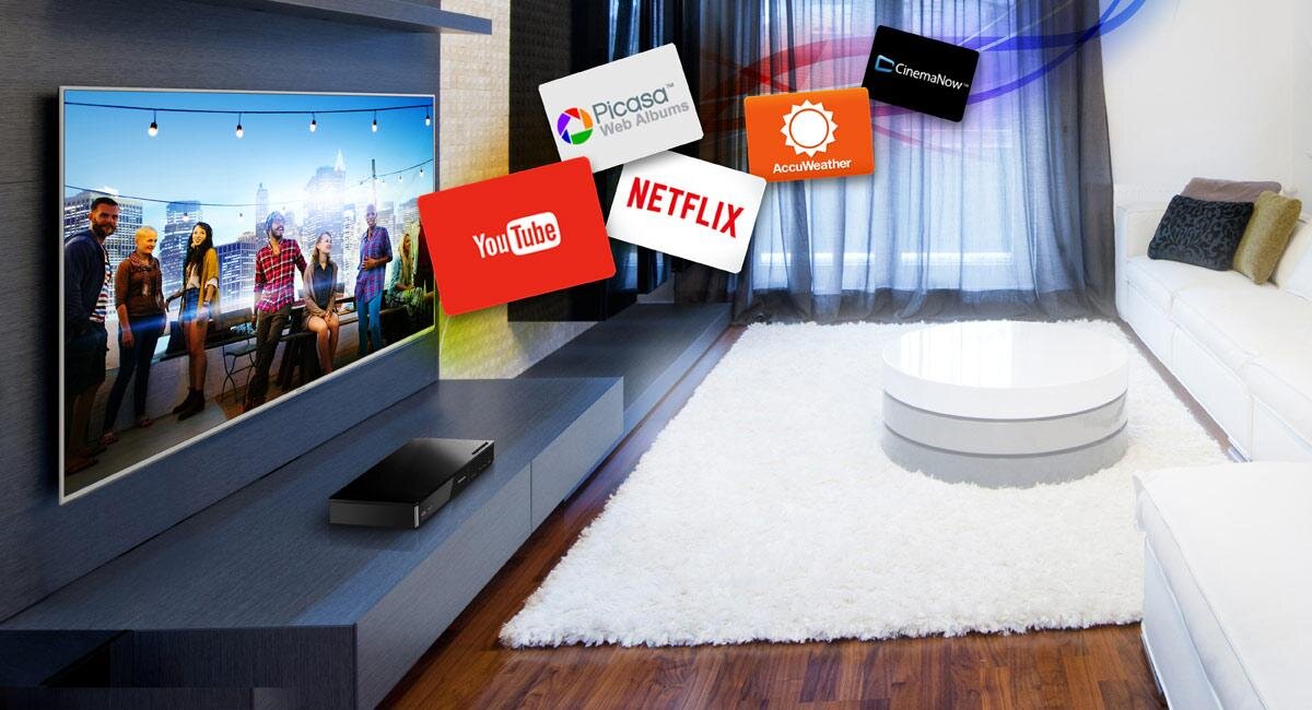 W nowoczesnym salonie znajduje się telewizor z wyświetlonym obrazem grupy ludzi na tle miasta. Wokół telewizora unoszą się loga aplikacji: YouTube, Netflix, Picasa Web Albums, AccuWeather, CinemaNow.