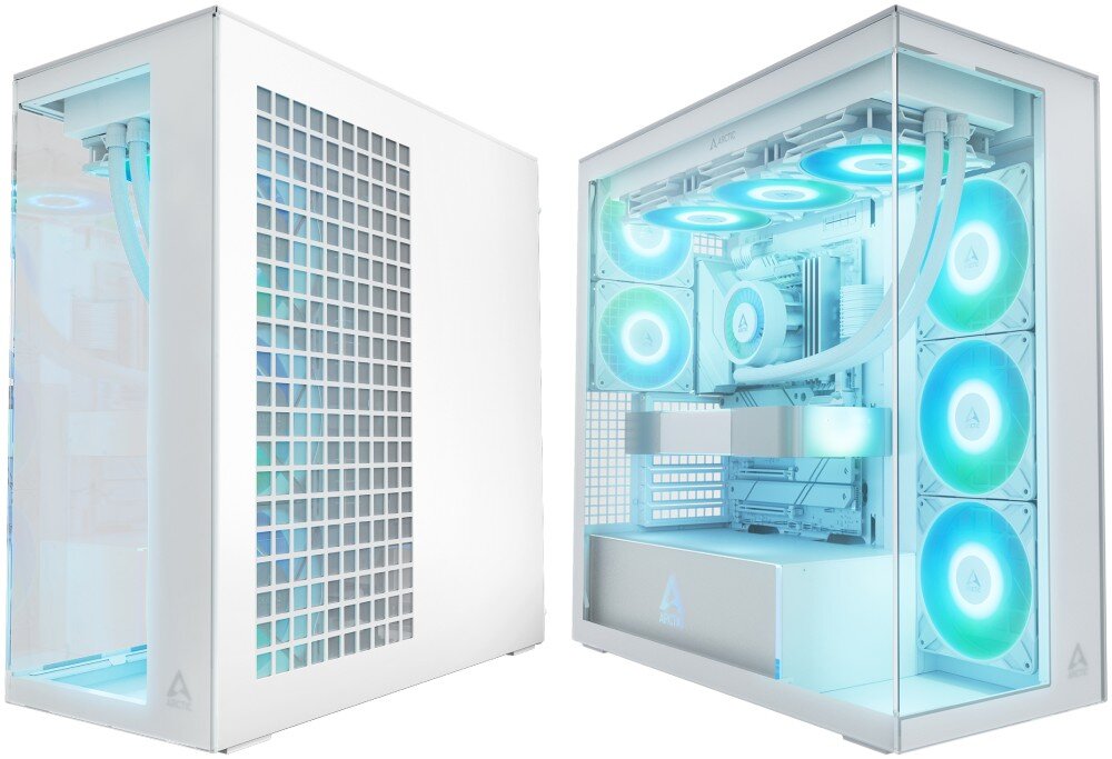 Obudowa ARCTIC Xtender White Clear Glass Obudowa komputerowa ukazana w dwóch ujęciach z boku, jedno przedstawia panel z kratką wentylacyjną, drugie przeszklone wnętrze z podświetleniem