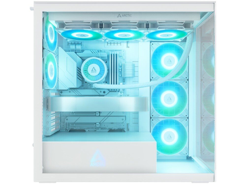 Obudowa ARCTIC Xtender White Clear Glass Widok z boku na podświetlane wnętrze obudowy komputerowej z widoczną płytą główną, wentylatorami oraz pionowo zamontowaną kartą graficzną