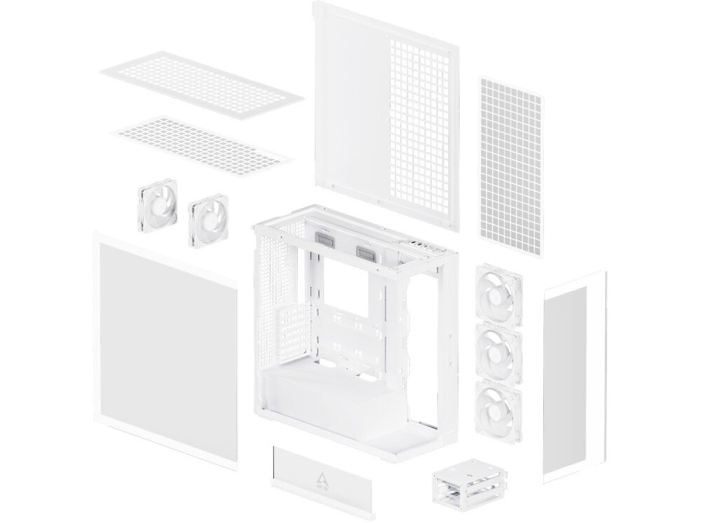 Obudowa ARCTIC Xtender White Clear Glass Widok obudowy komputerowej rozłożonej na pojedyncze elementy, w tym panele, filtry przeciwpyłowe, wentylatory i szkielet konstrukcji