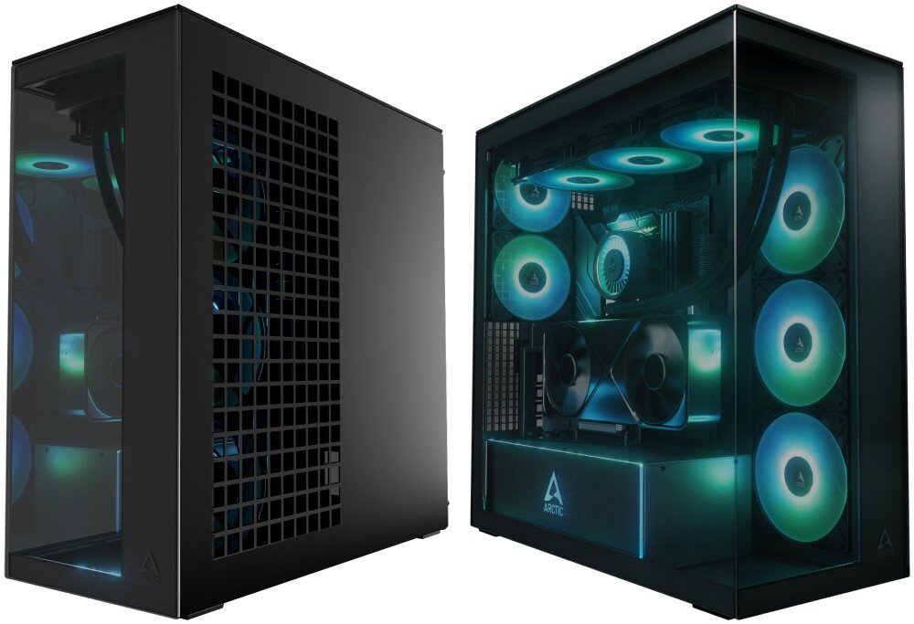 Obudowa ARCTIC Xtender VG Black Tinted Glass Obudowa komputerowa ukazana w dwóch ujęciach z boku, jedno przedstawia panel z kratką wentylacyjną, drugie przeszklone wnętrze z podświetleniem