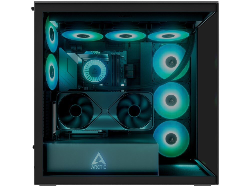 Obudowa ARCTIC Xtender VG Black Tinted Glass Widok z boku na podświetlane wnętrze obudowy komputerowej z widoczną płytą główną, wentylatorami oraz pionowo zamontowaną kartą graficzną