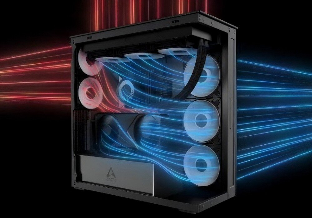 Obudowa ARCTIC Xtender VG Black Tinted Glass Grafika przedstawiająca schemat obudowy komputerowej z nakreślonymi liniami symulującymi kierunek przepływu powietrza przez wentylatory