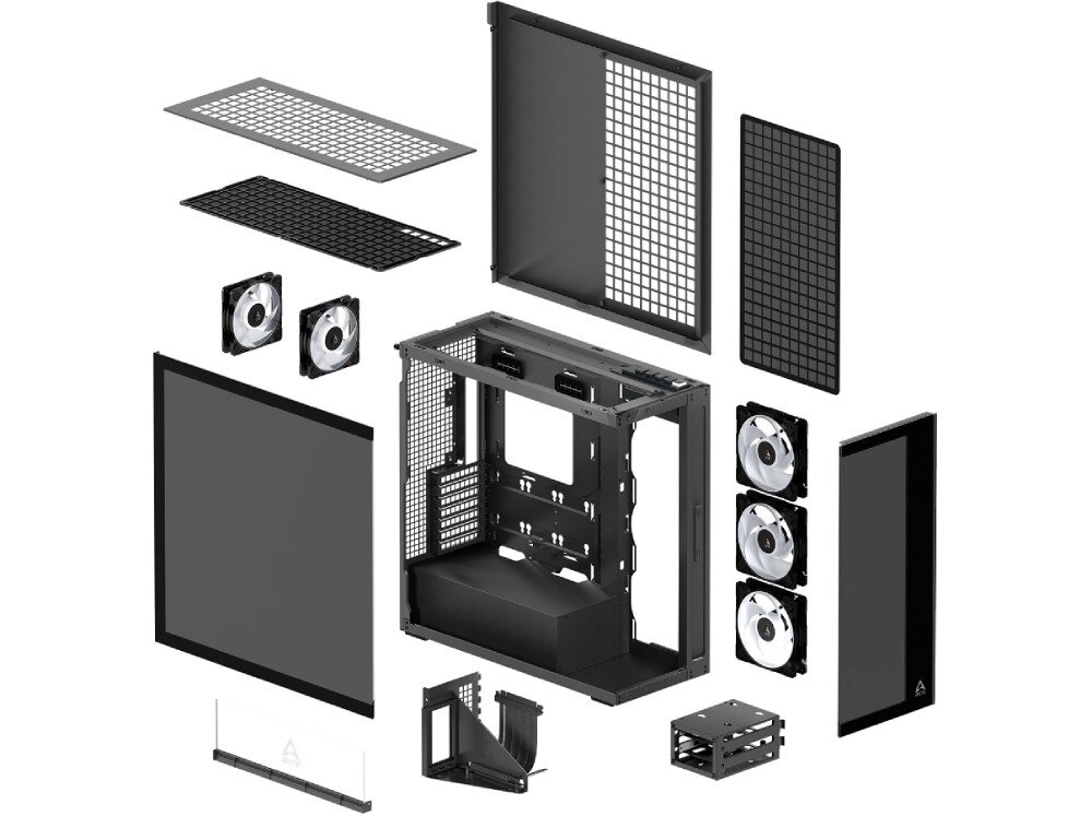 Obudowa ARCTIC Xtender VG Black Tinted Glass Widok obudowy komputerowej rozłożonej na pojedyncze elementy, w tym panele, filtry przeciwpyłowe, wentylatory i szkielet konstrukcji