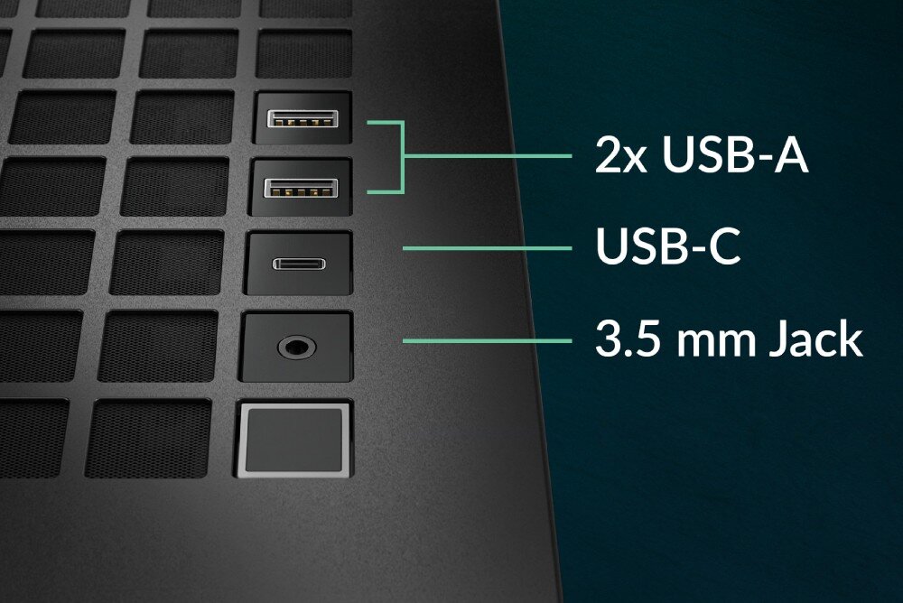 Obudowa ARCTIC Xtender VG Black Tinted Glass Zbliżenie na przedni panel złączy obudowy z opisanymi portami USB-A, USB-C, gniazdem audio 3.5 mm oraz przyciskiem zasilania